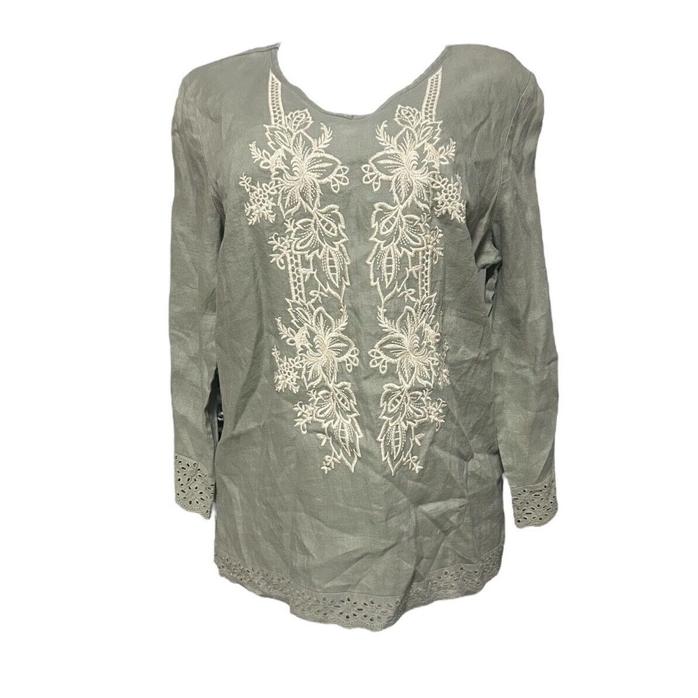 Solitaire Linen Tunic Women Medium  V Neck Long Sleeve Shirt Embroidered